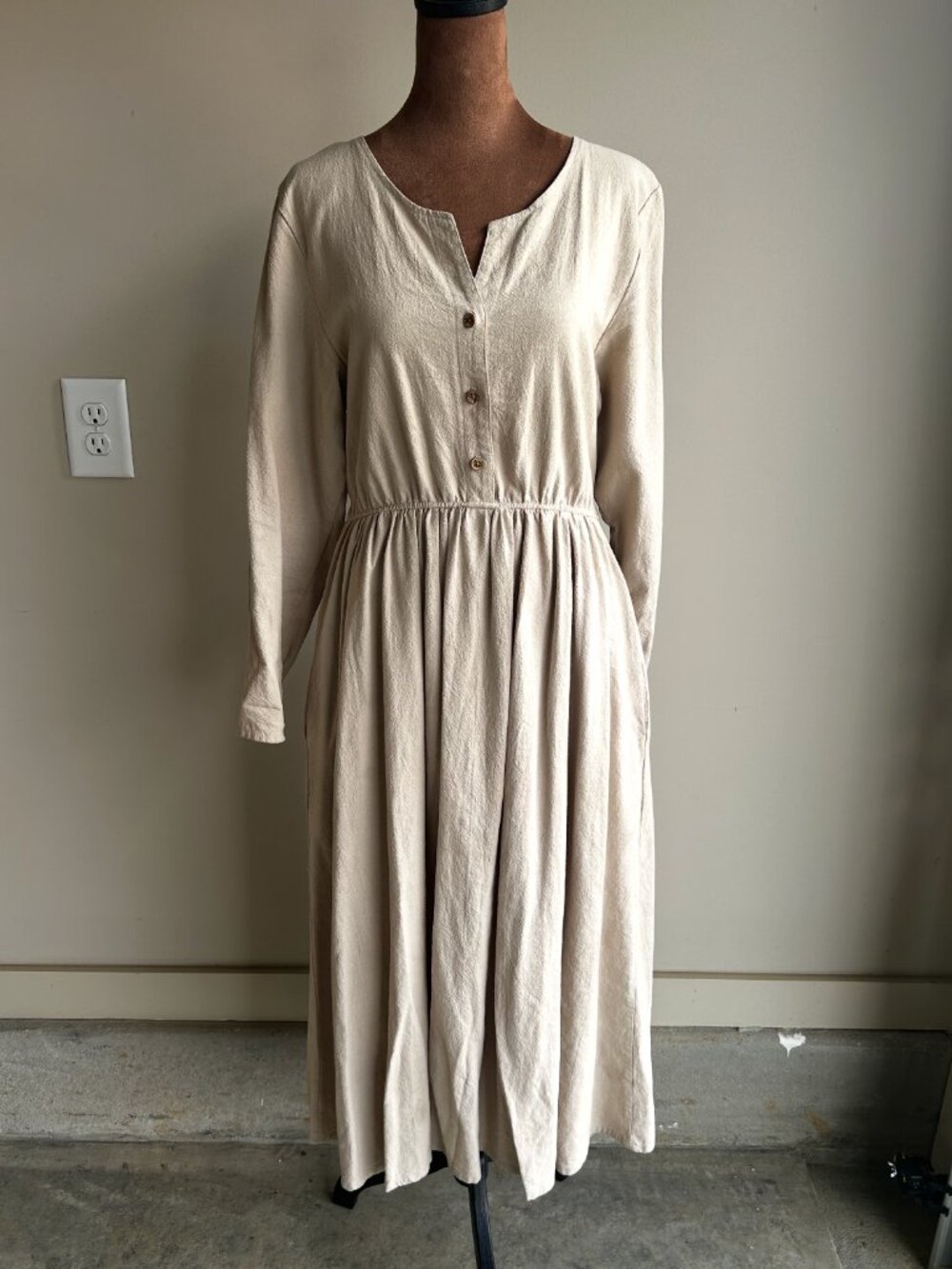 Anysize Custom V-neck Functional Buttons Long Sleeves Linen Cotton Dress